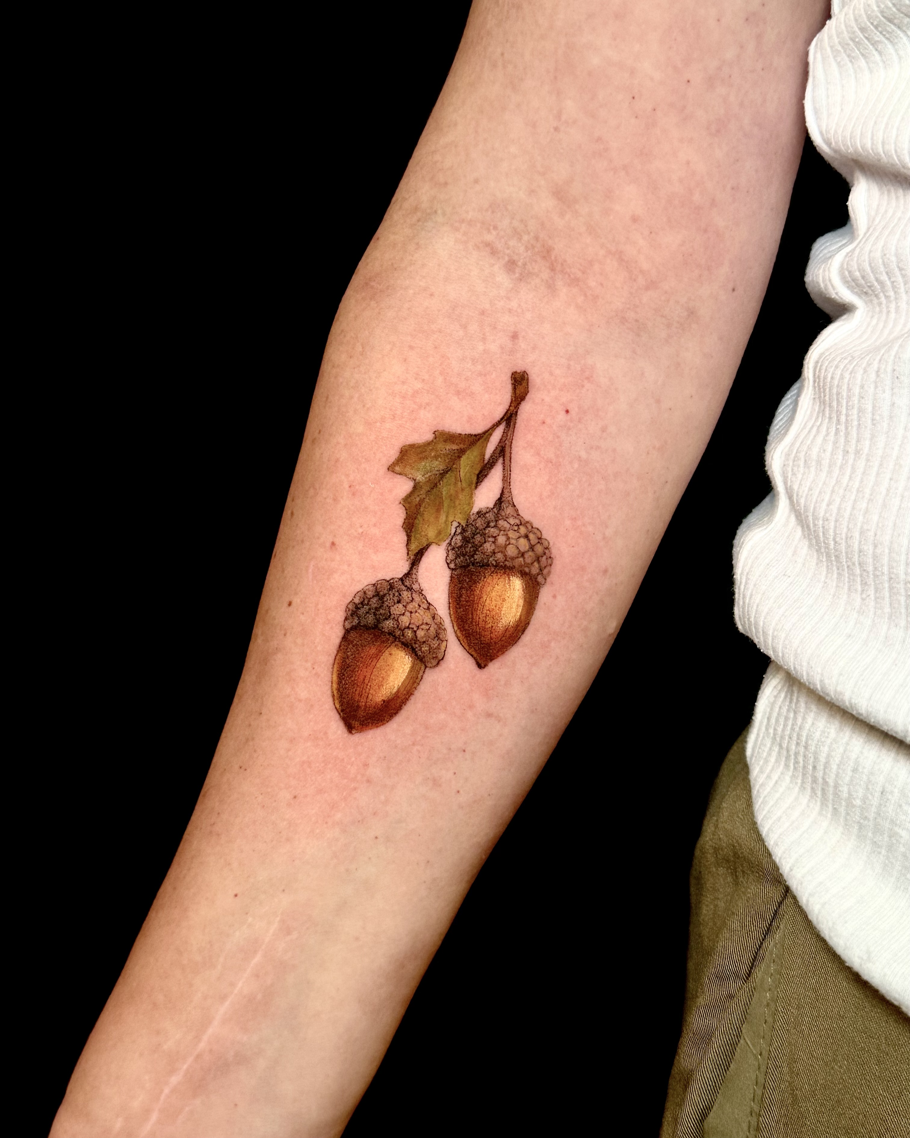 Painterly acorn tattoo by Mia — Gold Scarab Tattoo Seattle