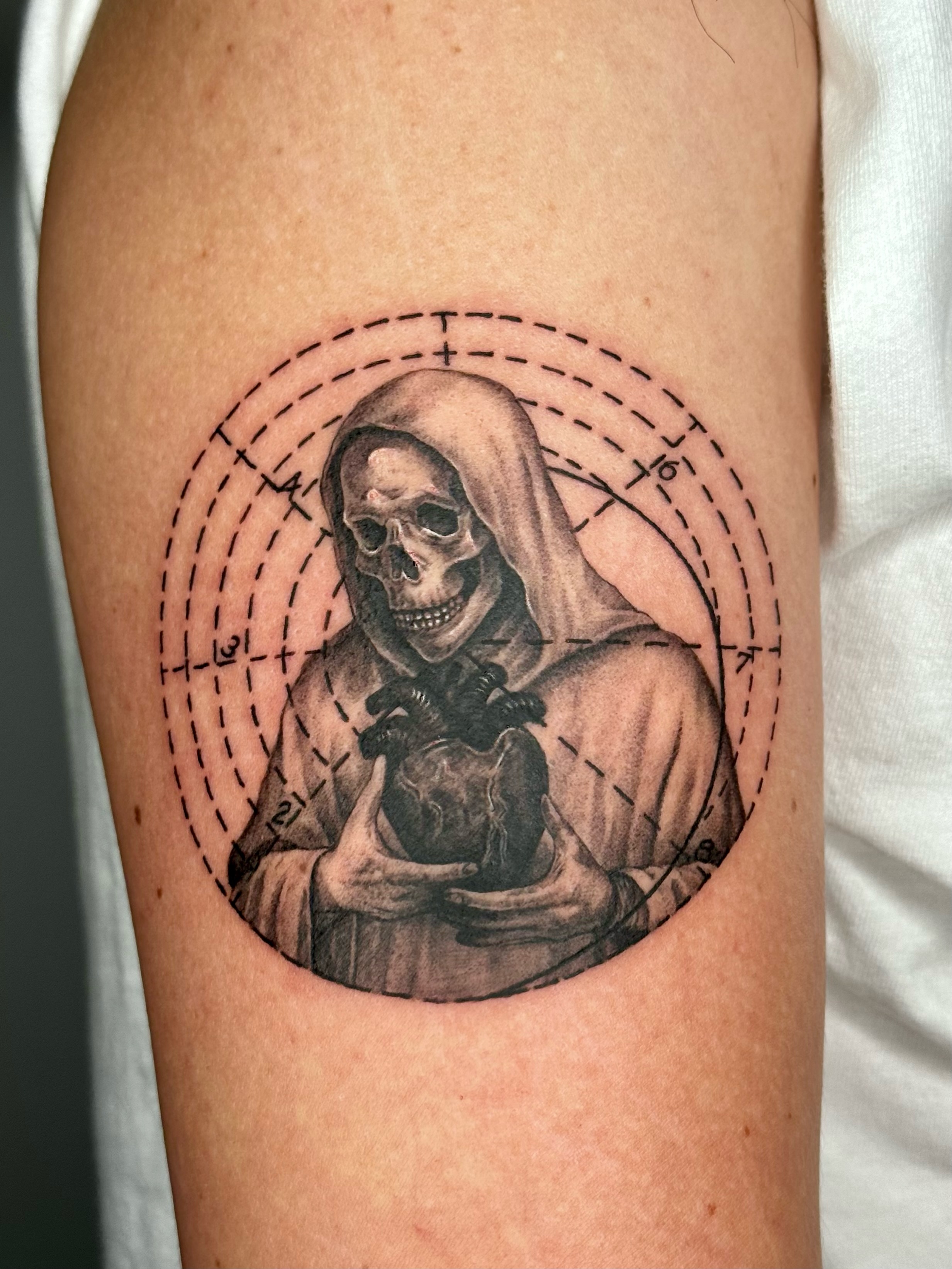 Fine line realism grim reaper tattoo by Wolfe — Gold Scarab Tattoo Seattle